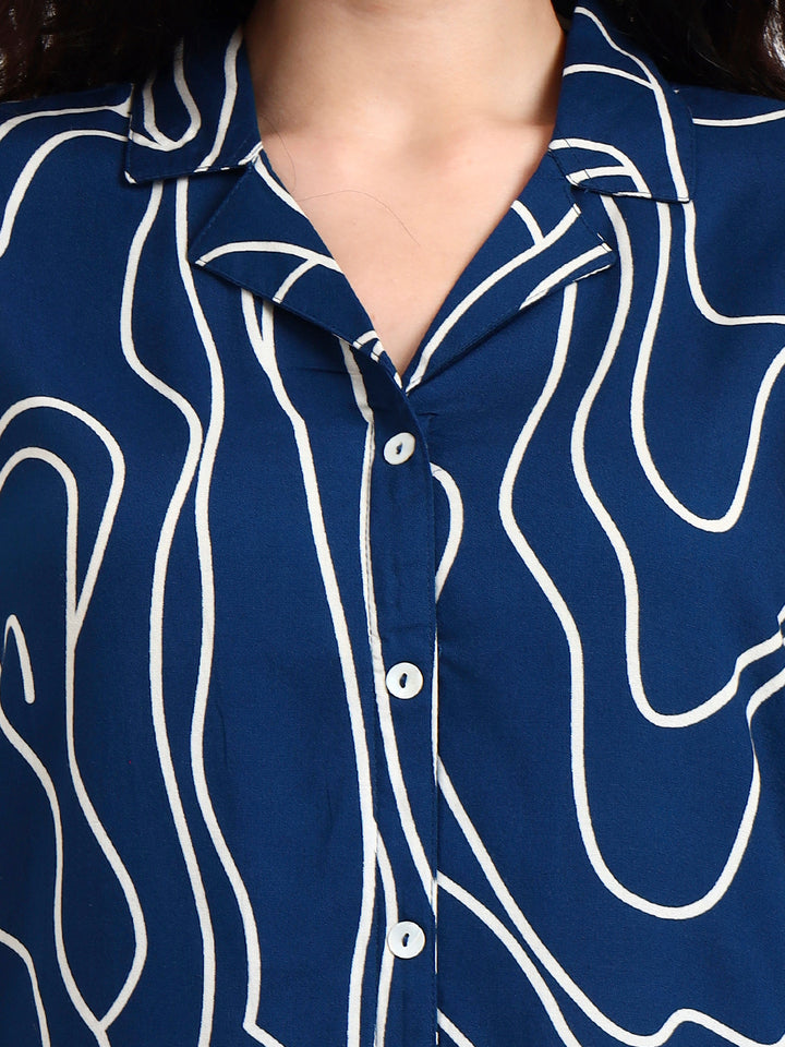 Divena Teal Blue Asymetric Print Rayon Top