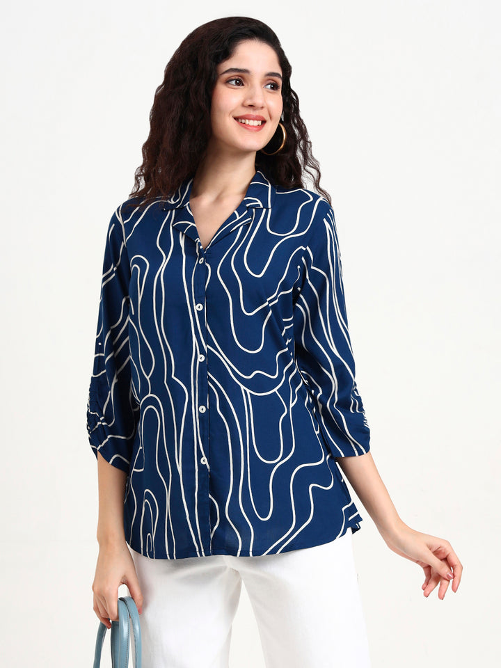 Divena Teal Blue Asymetric Print Rayon Top