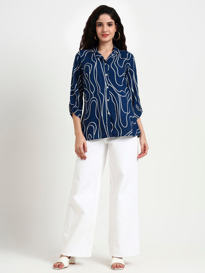 Divena Teal Blue Asymetric Print Rayon Top