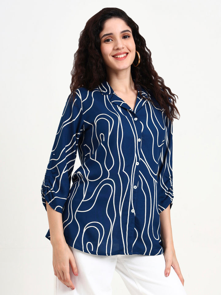 Divena Teal Blue Asymetric Print Rayon Top
