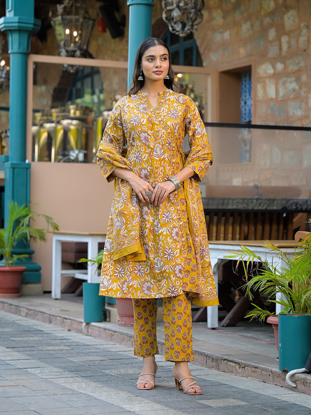 Divena Mustard Floral Print Cotton Kurta Sets With Dupatta