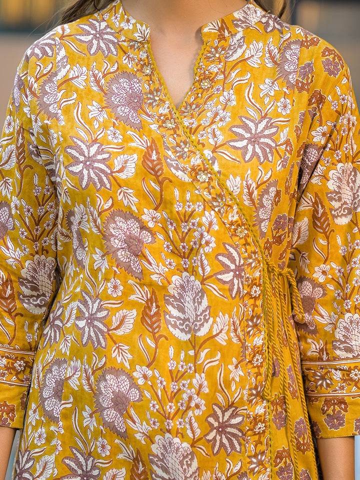 Divena Mustard Floral Print Cotton Kurta Sets With Dupatta