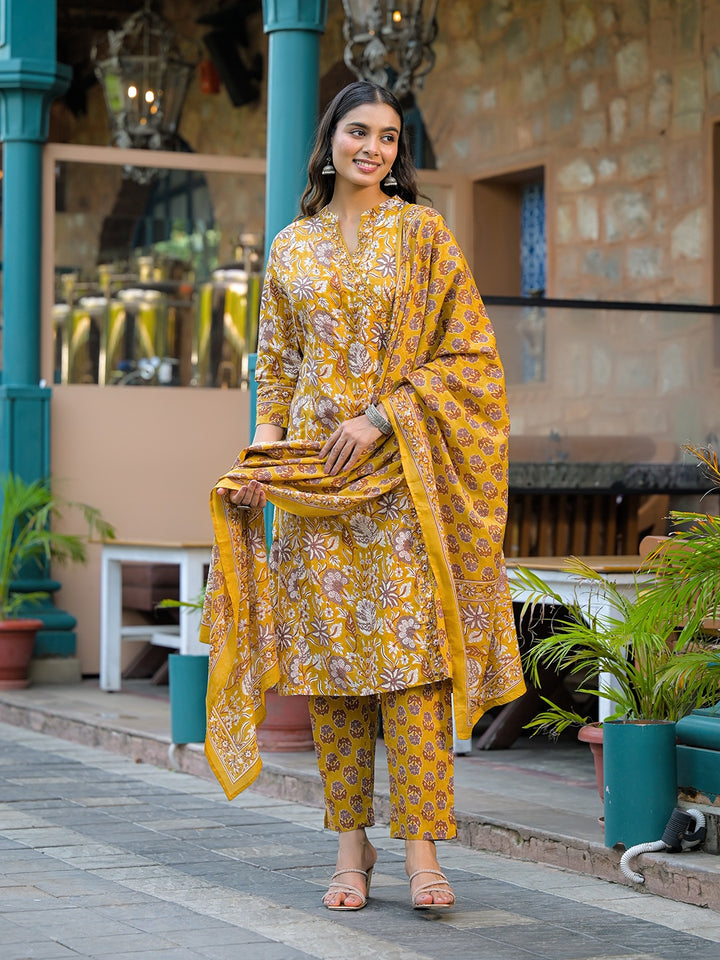 Divena Mustard Floral Print Cotton Kurta Sets With Dupatta