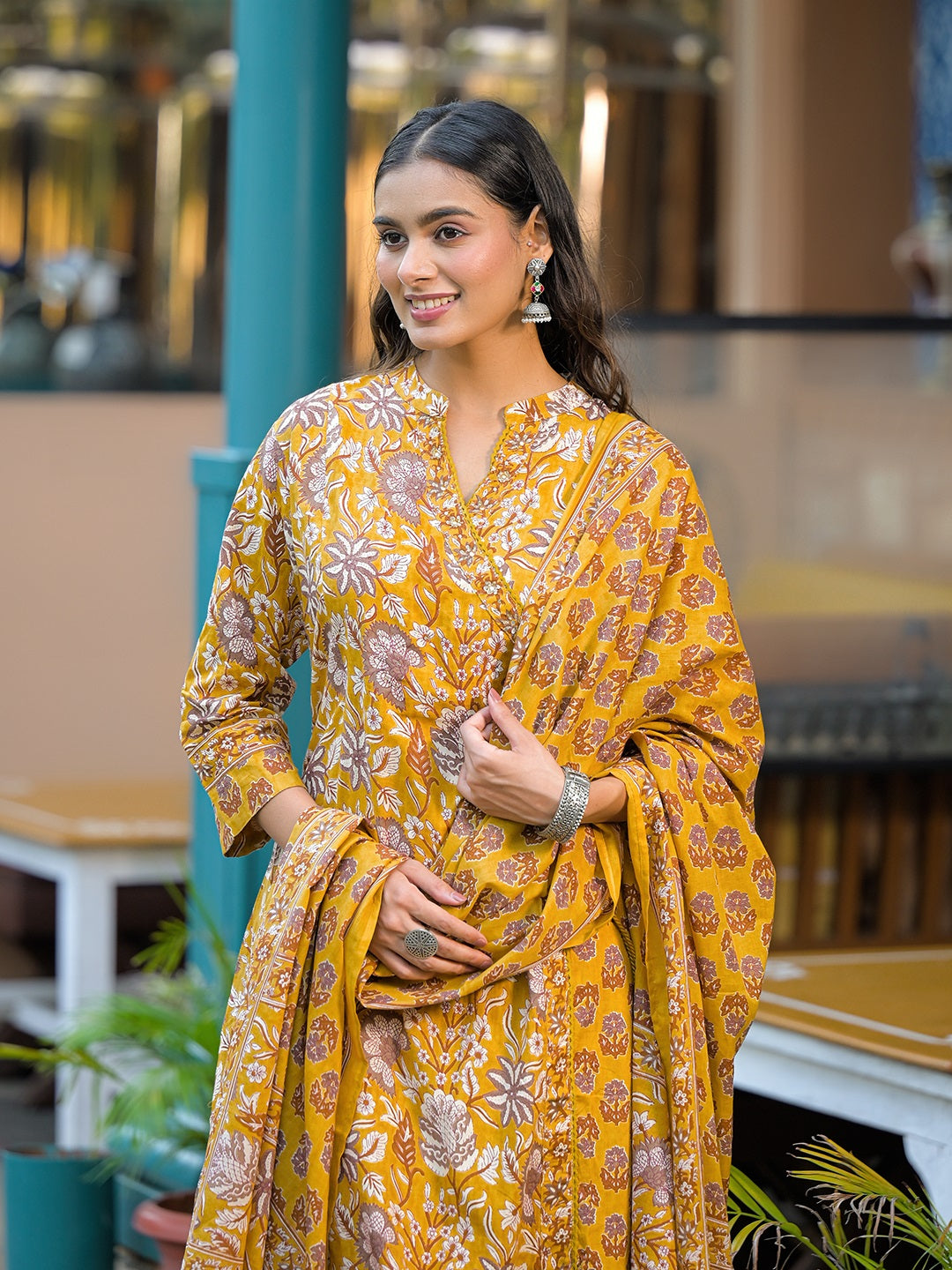 Divena Mustard Floral Print Cotton Kurta Sets With Dupatta