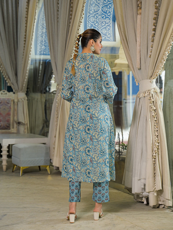 Divena Blue Floral Print Cotton A-Line Kurta Pant With Dupatta