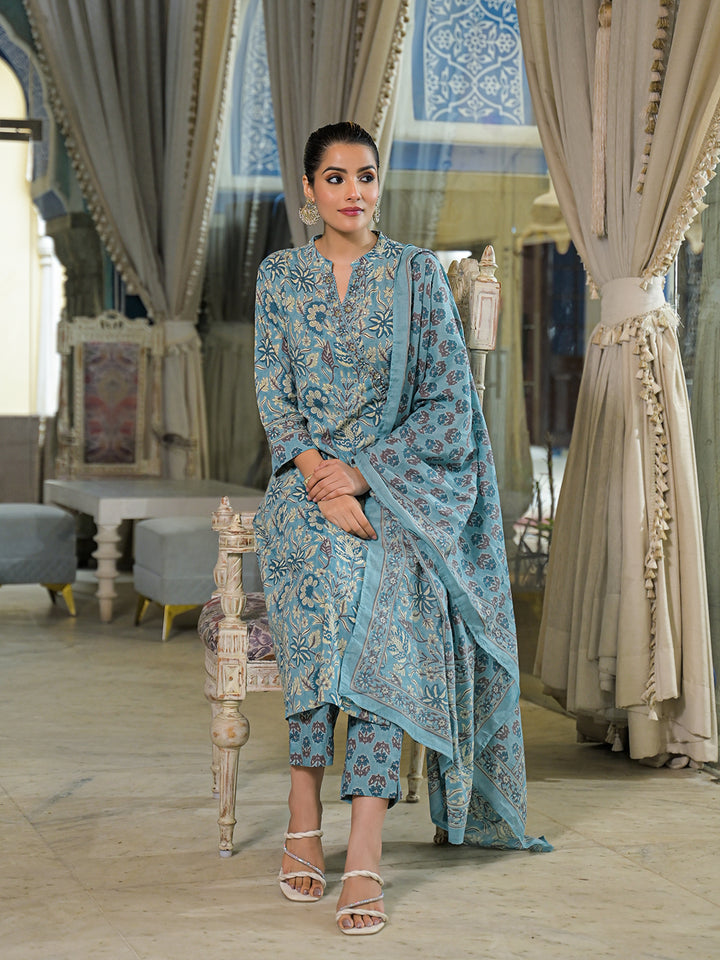 Divena Blue Floral Print Cotton A-Line Kurta Pant With Dupatta