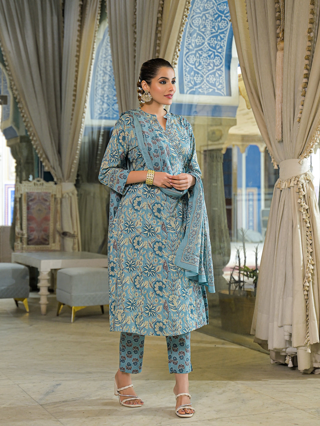 Divena Blue Floral Print Cotton A-Line Kurta Pant With Dupatta