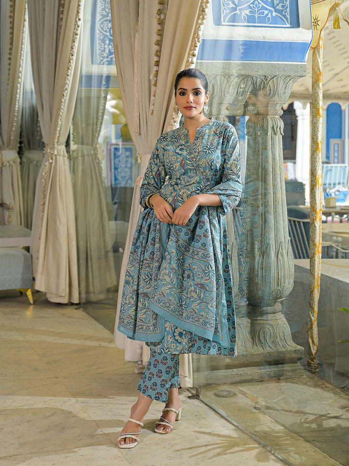 Divena Blue Floral Print Cotton A-Line Kurta Pant With Dupatta