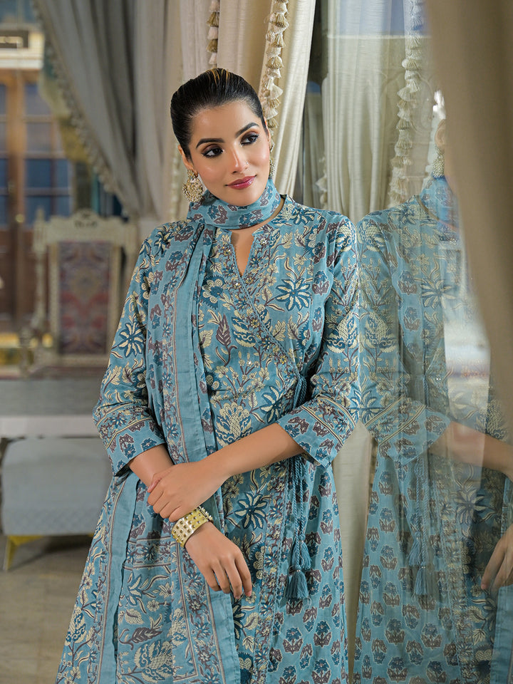 Divena Blue Floral Print Cotton A-Line Kurta Pant With Dupatta