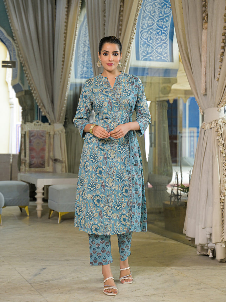 Divena Blue Floral Print Cotton A-Line Kurta Pant With Dupatta