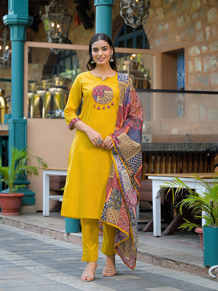 Divena Mustard Embroidered Cotton Kurta Sets With Dupatta