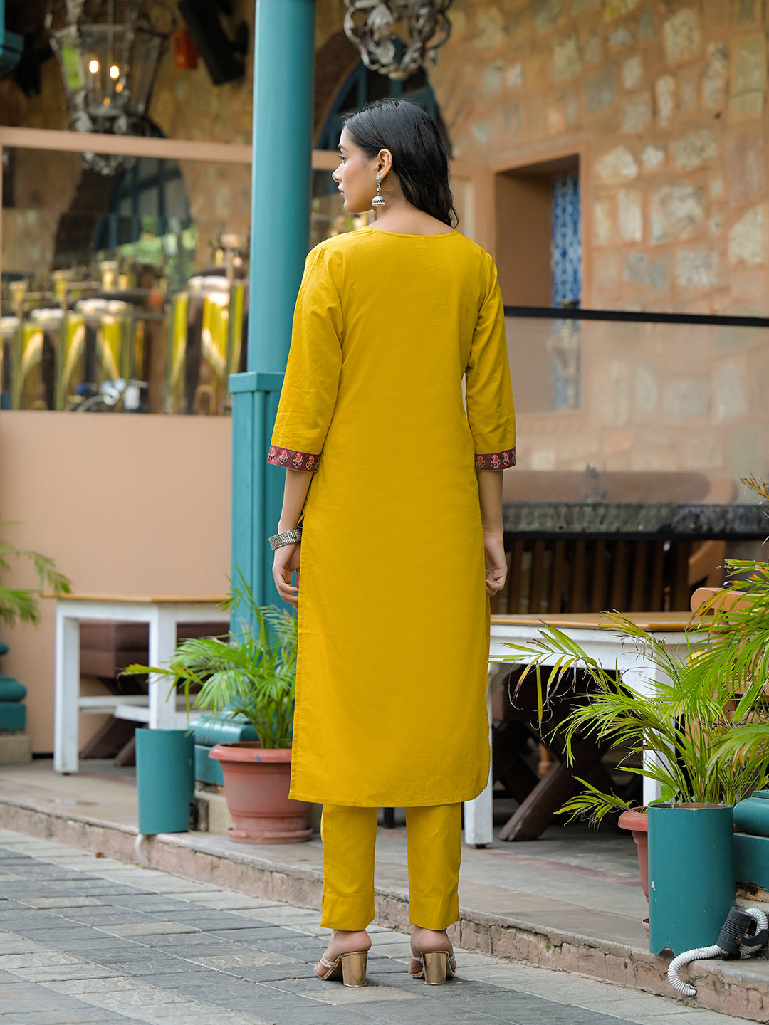 Divena Mustard Embroidered Cotton Kurta Sets With Dupatta