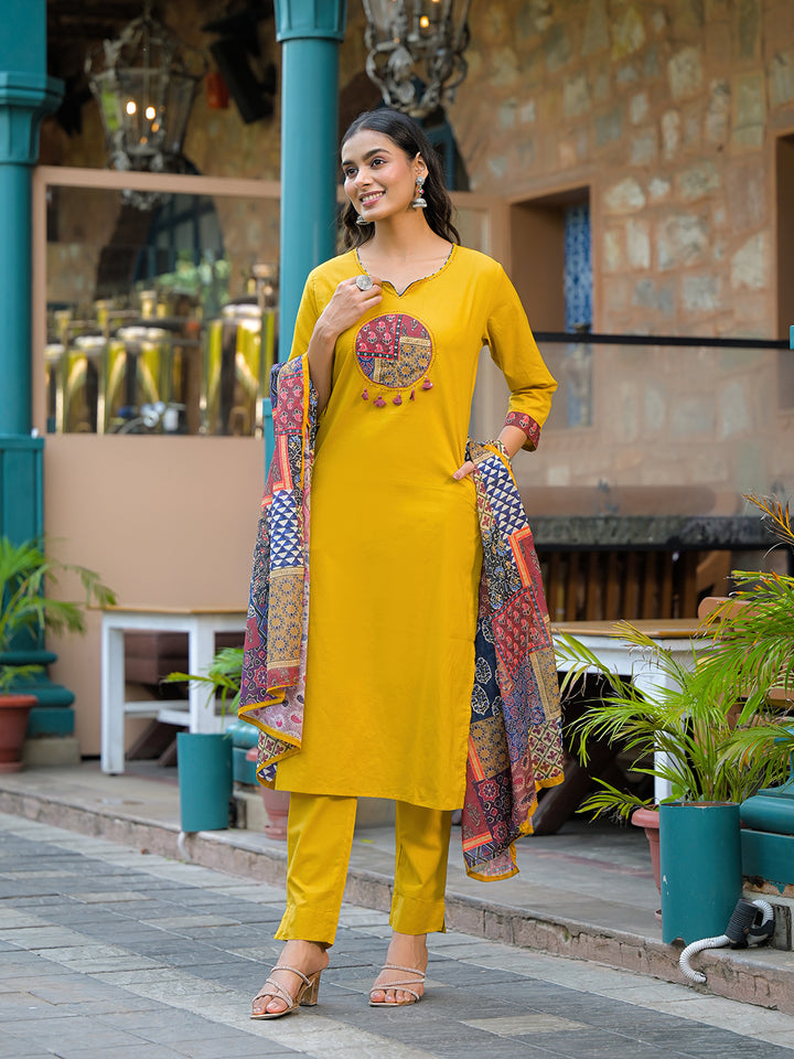 Divena Mustard Embroidered Cotton Kurta Sets With Dupatta