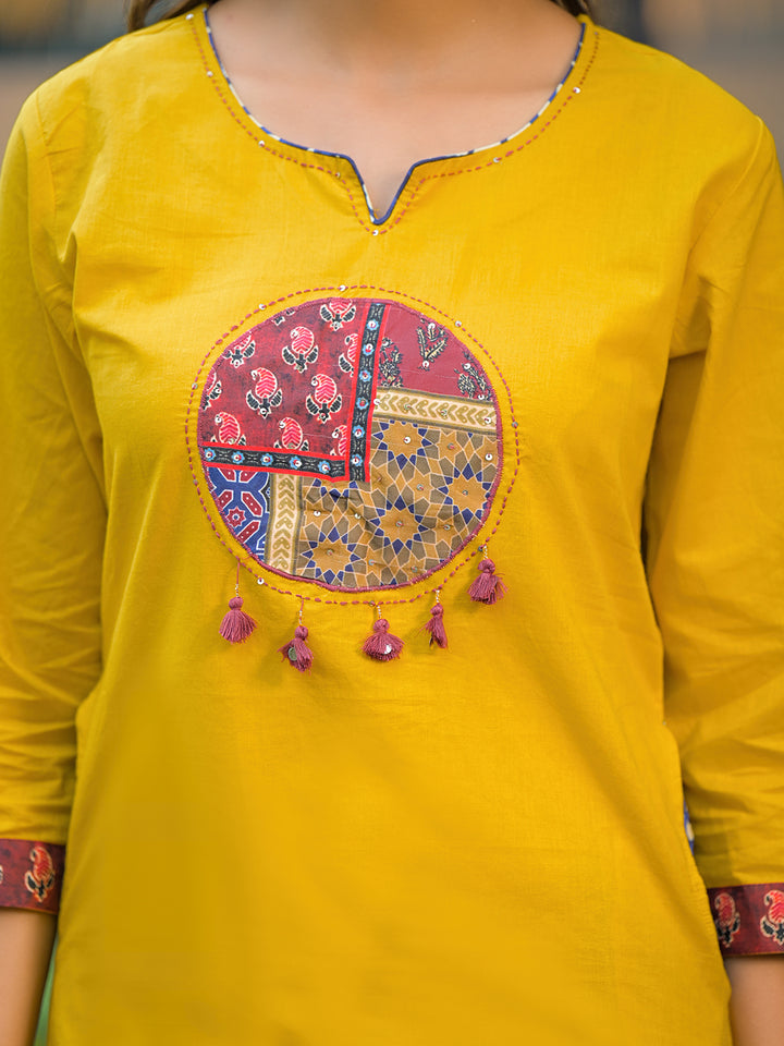 Divena Mustard Embroidered Cotton Kurta Sets With Dupatta