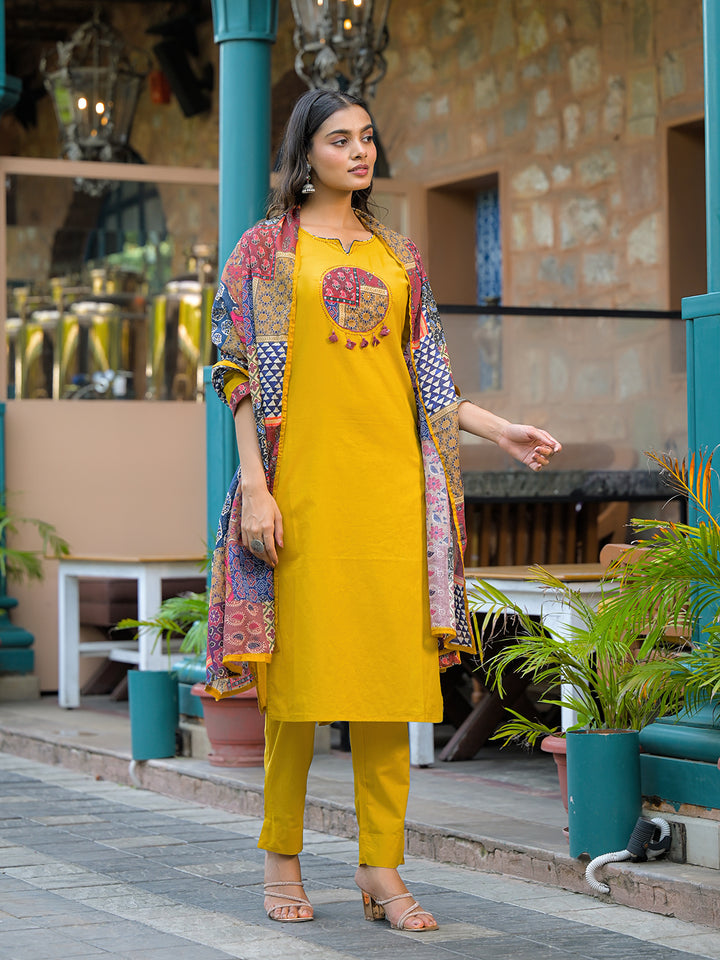 Divena Mustard Embroidered Cotton Kurta Sets With Dupatta