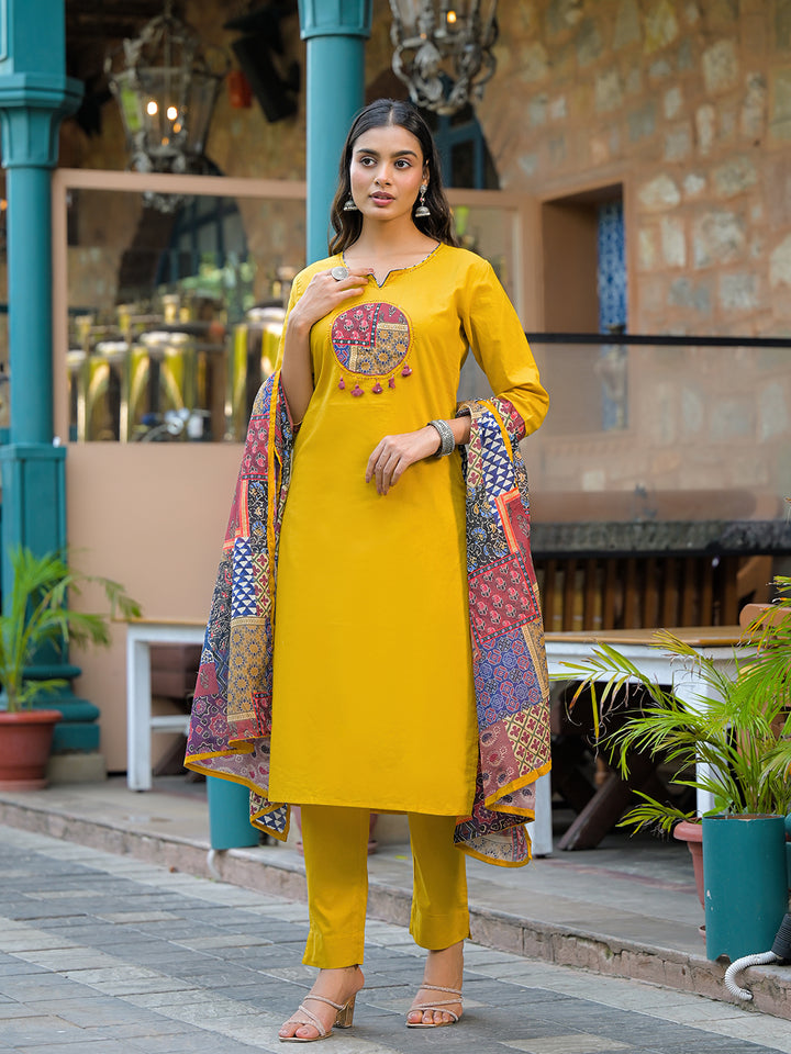 Divena Mustard Embroidered Cotton Kurta Sets With Dupatta