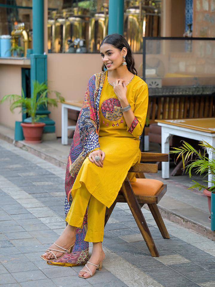Divena Mustard Embroidered Cotton Kurta Sets With Dupatta