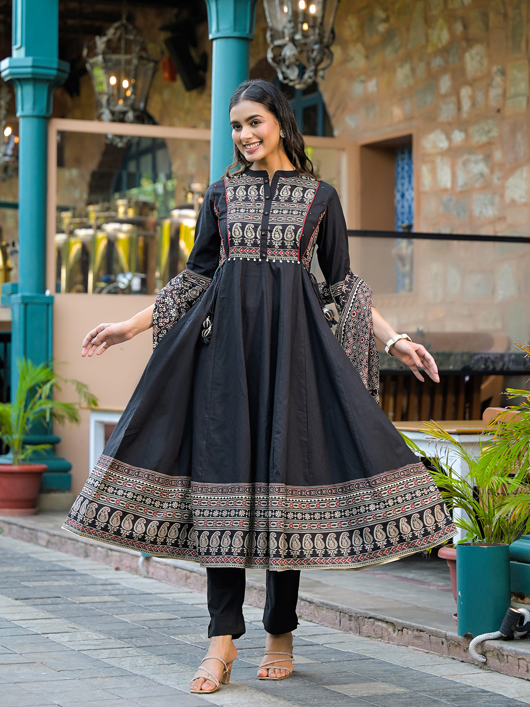 Divena Black Paisley Print Cotton Anarkali Kurta Sets With Dupatta
