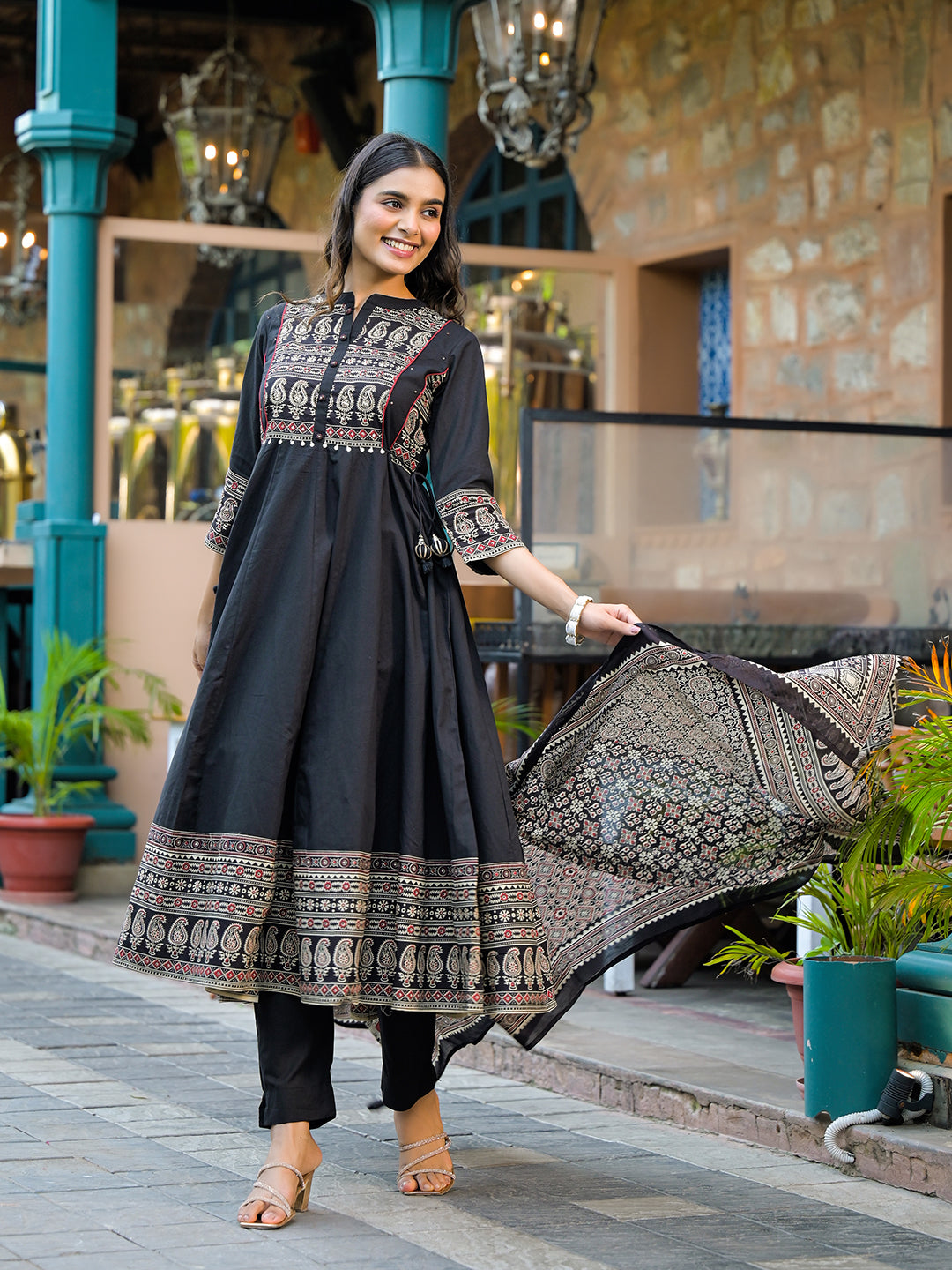 Divena Black Paisley Print Cotton Anarkali Kurta Sets With Dupatta