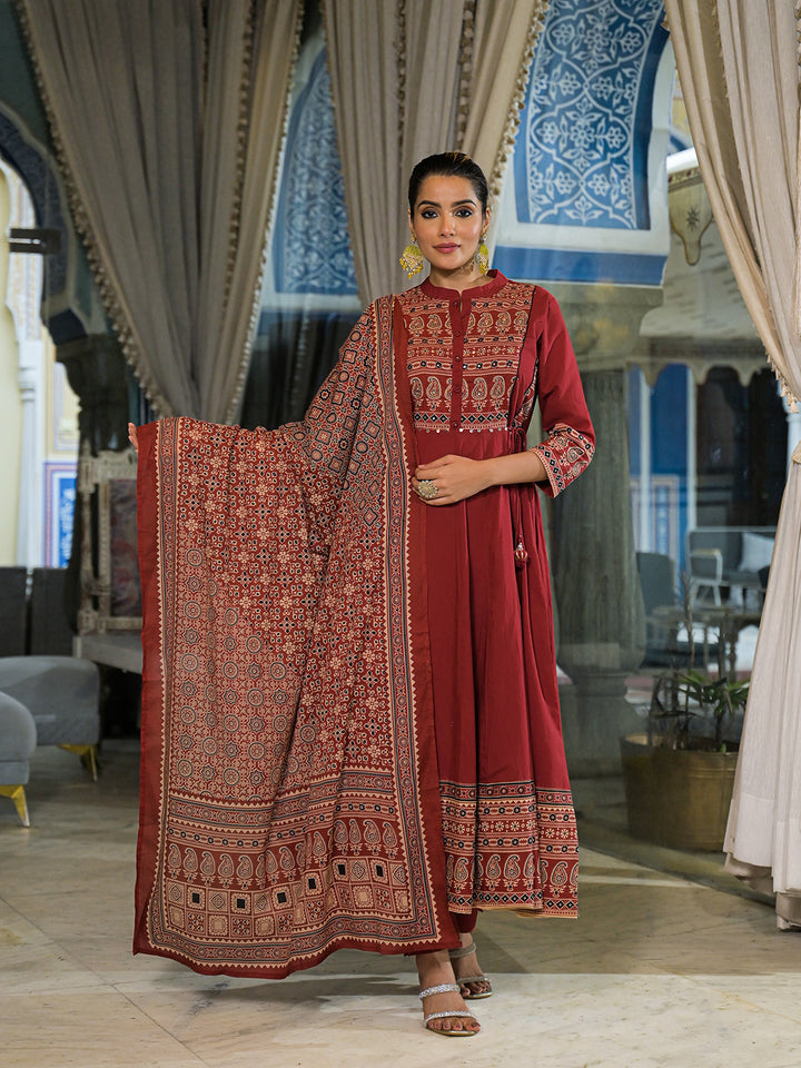 Divena Red Paisley Print Cotton Anarkali Kurta Pant Set With Dupatta