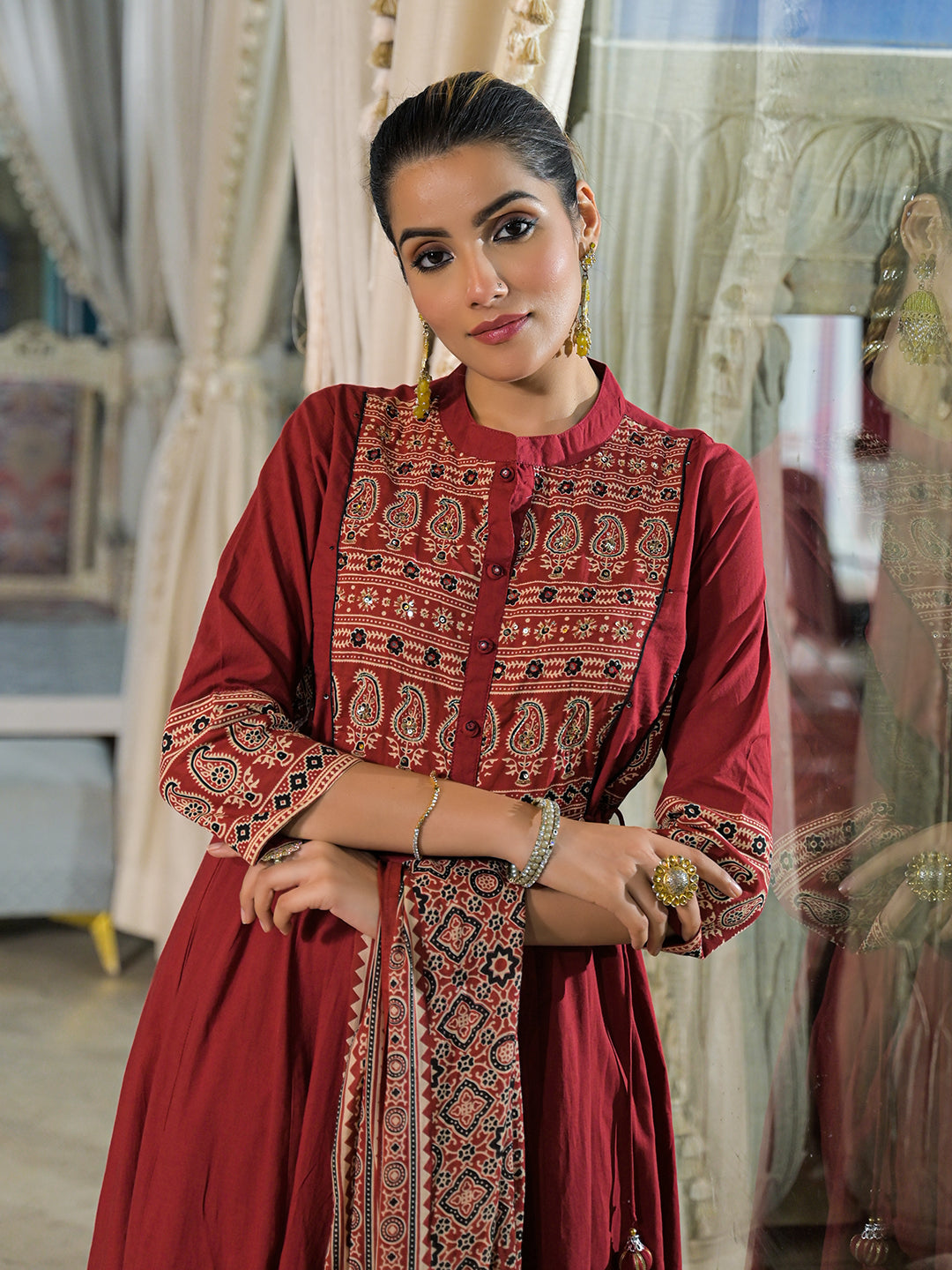 Divena Red Paisley Print Cotton Anarkali Kurta Pant Set With Dupatta