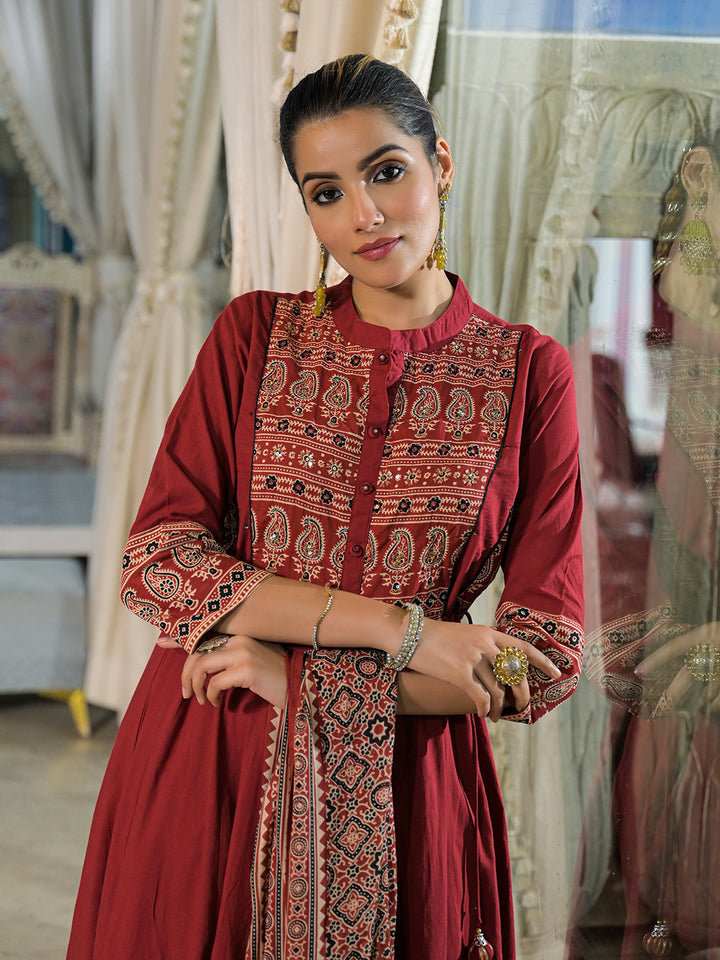 Divena Red Paisley Print Cotton Anarkali Kurta Pant Set With Dupatta
