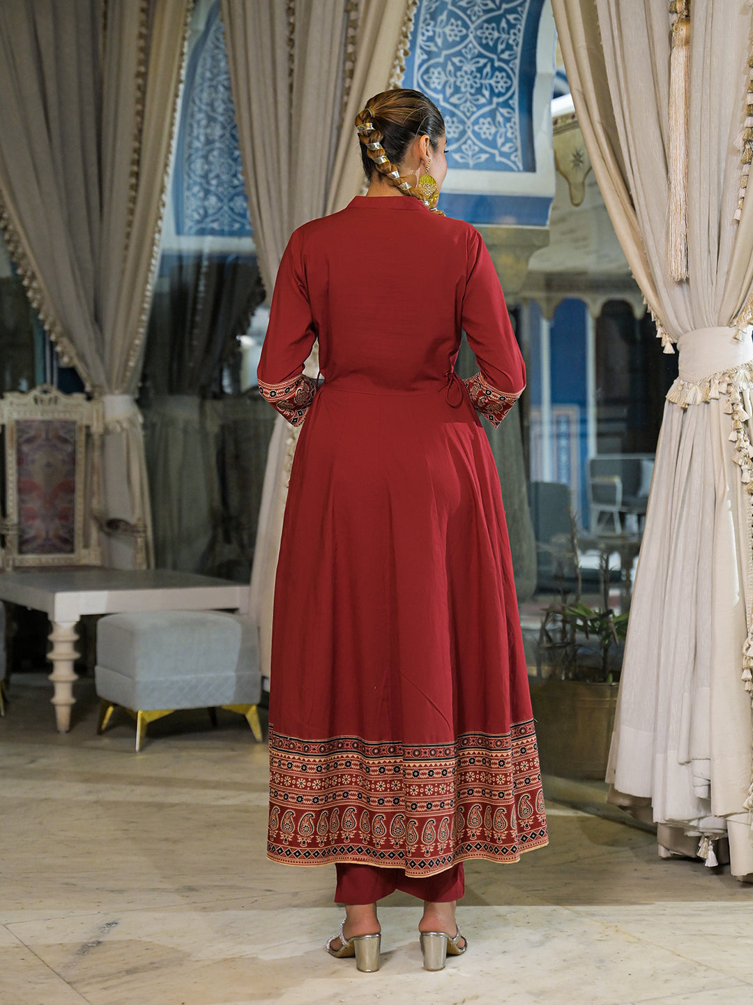 Divena Red Paisley Print Cotton Anarkali Kurta Pant Set With Dupatta