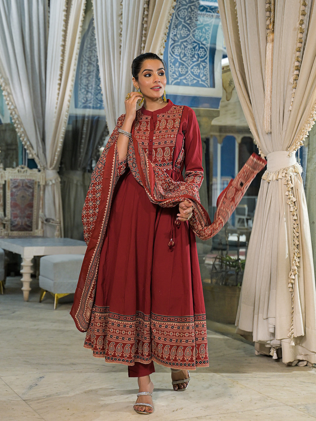 Divena Red Paisley Print Cotton Anarkali Kurta Pant Set With Dupatta