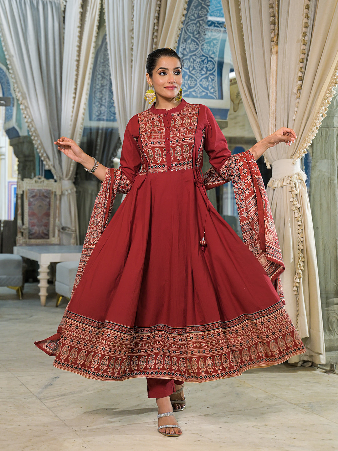 Divena Red Paisley Print Cotton Anarkali Kurta Pant Set With Dupatta