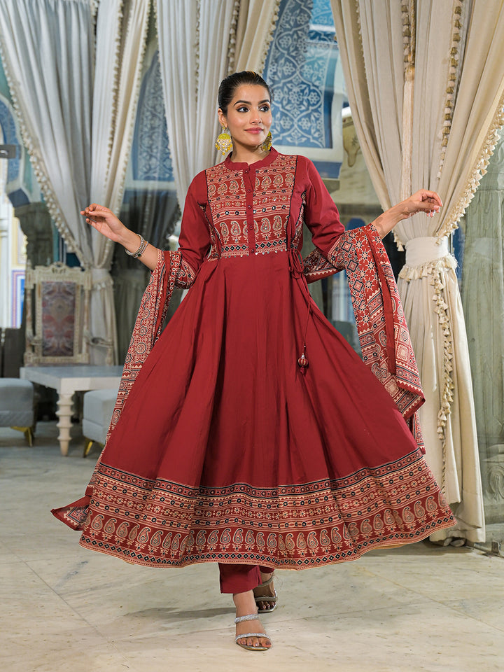 Divena Red Paisley Print Cotton Anarkali Kurta Pant Set With Dupatta