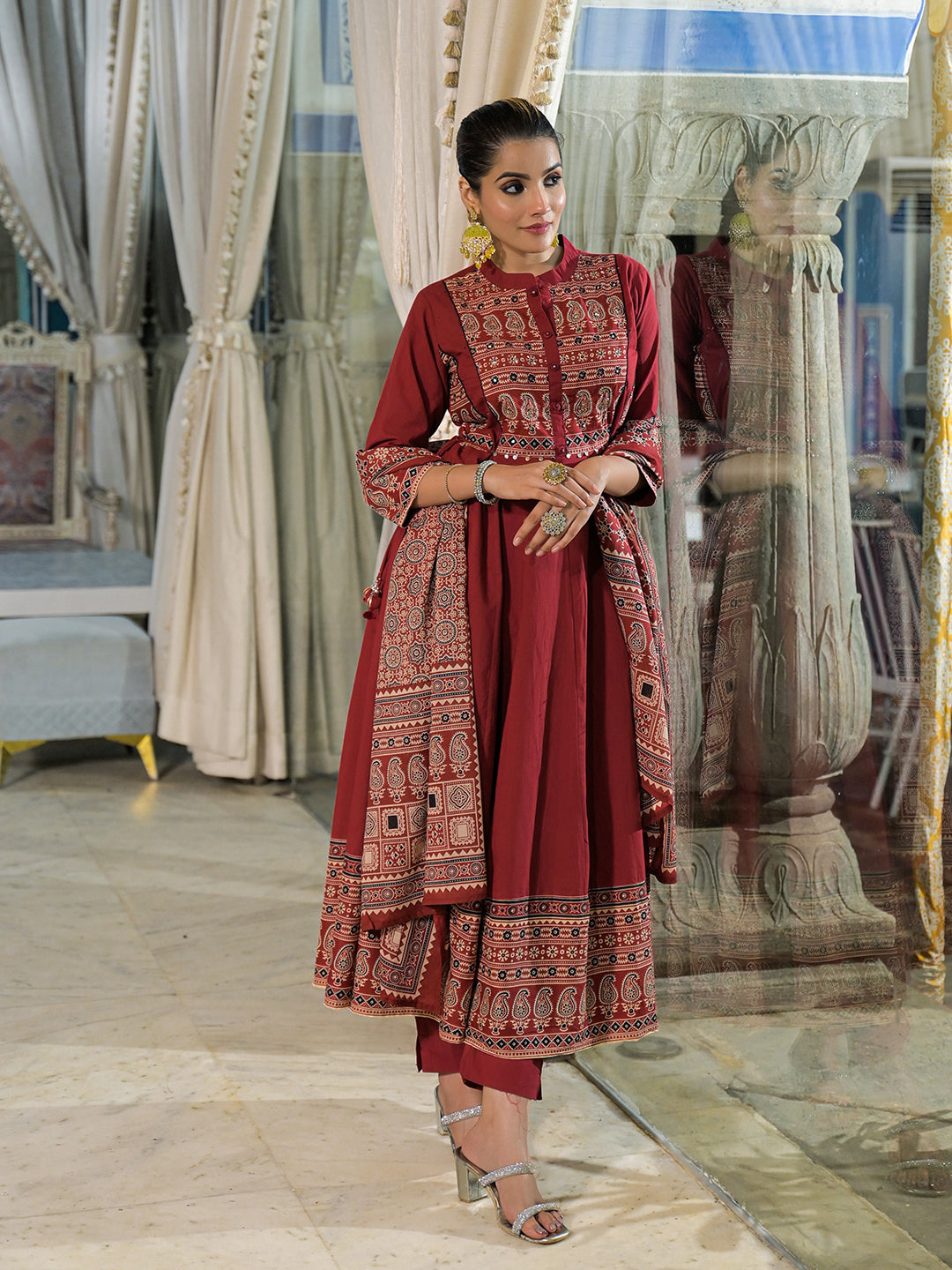 Divena Red Paisley Print Cotton Anarkali Kurta Pant Set With Dupatta