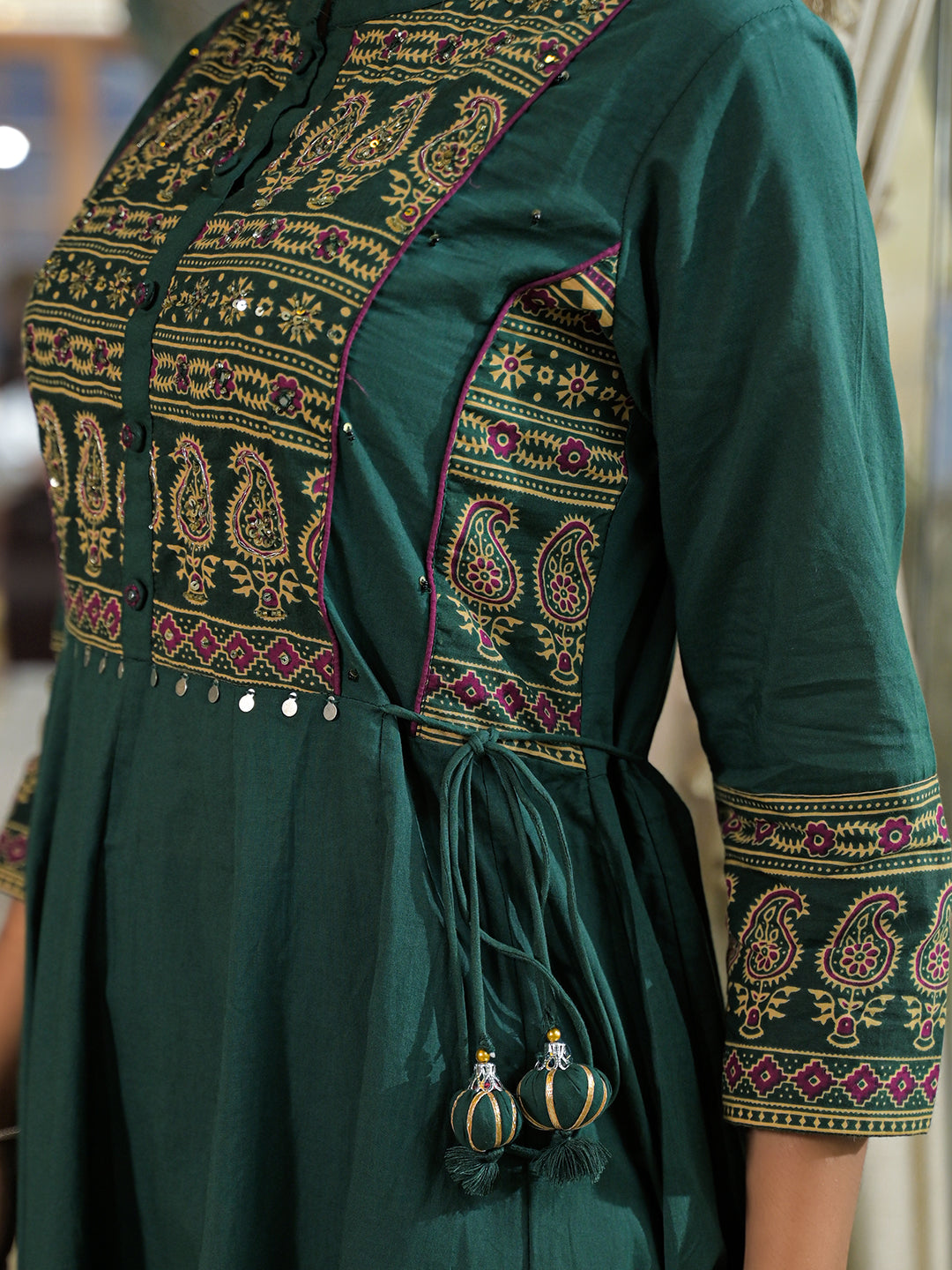 Divena Green Paisley Print Cotton Anarkali Kurta Pant Set With Dupatta