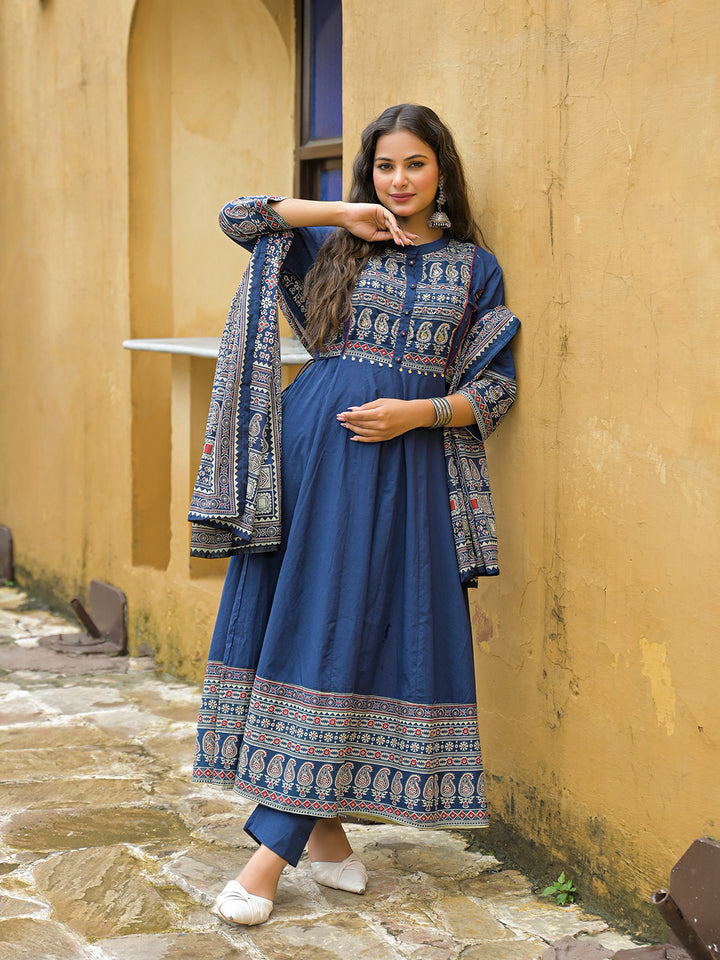 Divena Blue Paisley Print Cotton Anarkali Kurta Pant Set With Dupatta