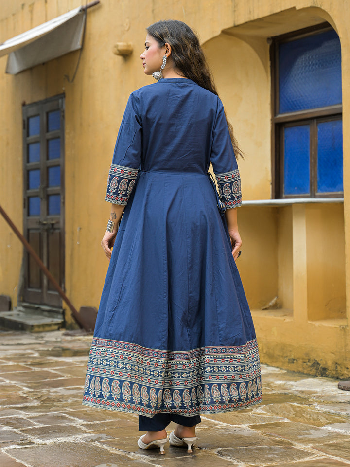 Divena Blue Paisley Print Cotton Anarkali Kurta Pant Set With Dupatta