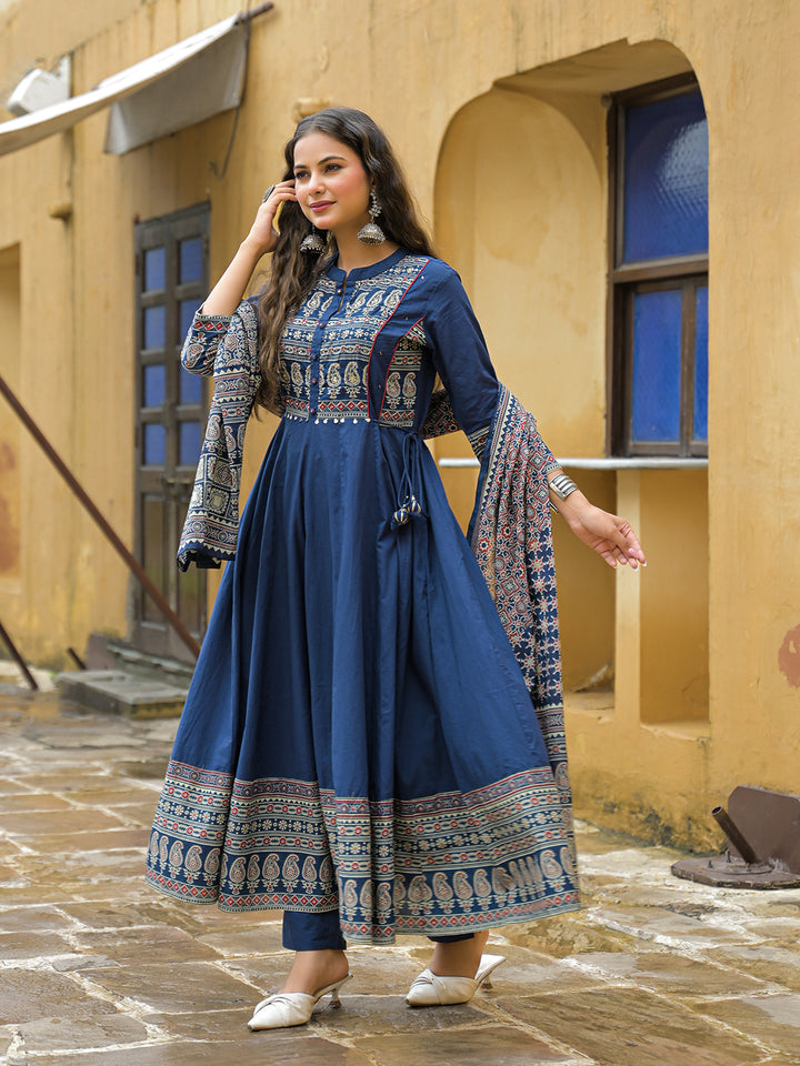 Divena Blue Paisley Print Cotton Anarkali Kurta Pant Set With Dupatta