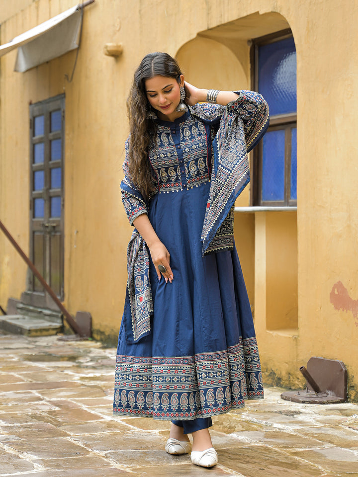 Divena Blue Paisley Print Cotton Anarkali Kurta Pant Set With Dupatta