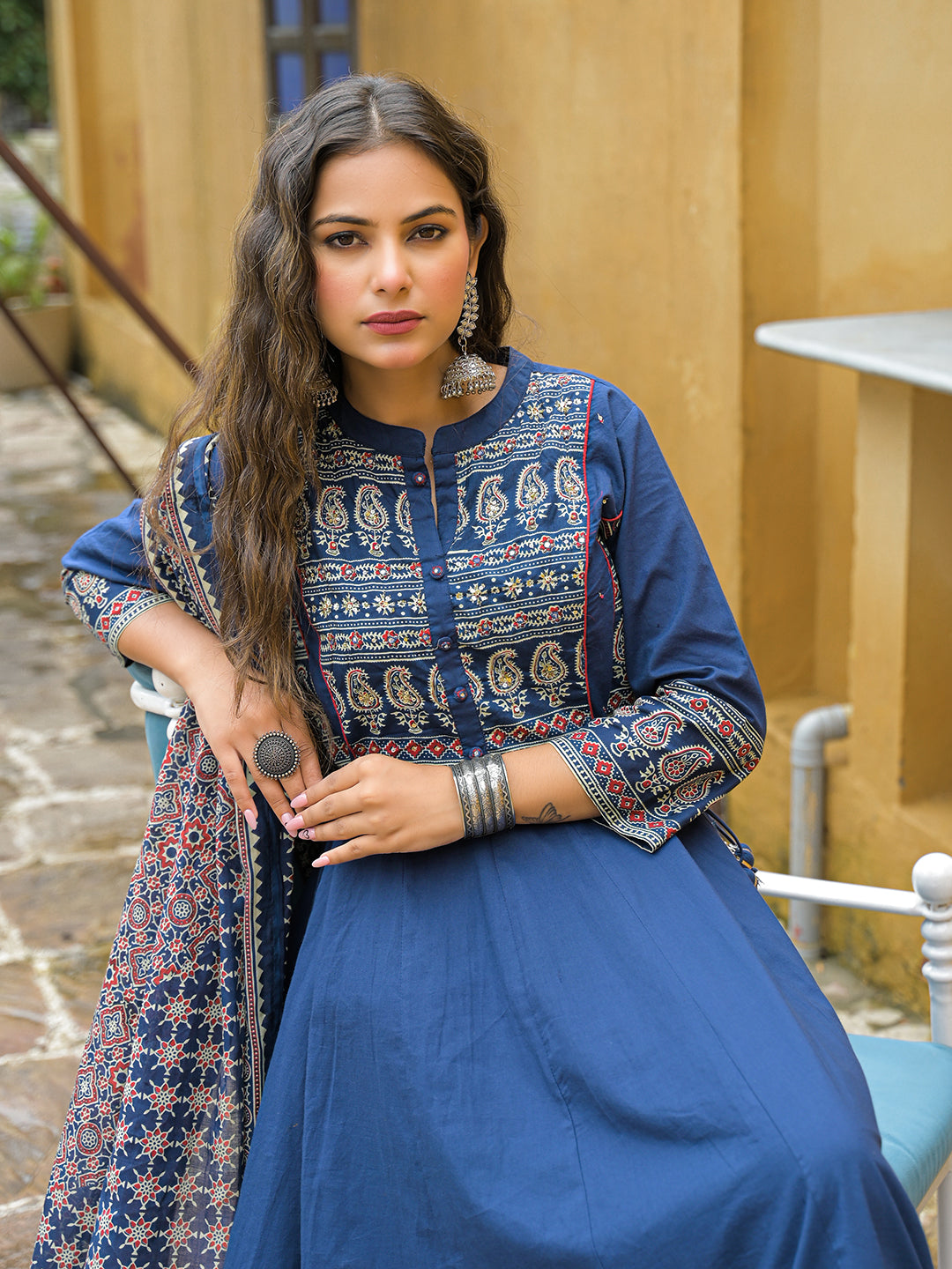 Divena Blue Paisley Print Cotton Anarkali Kurta Pant Set With Dupatta