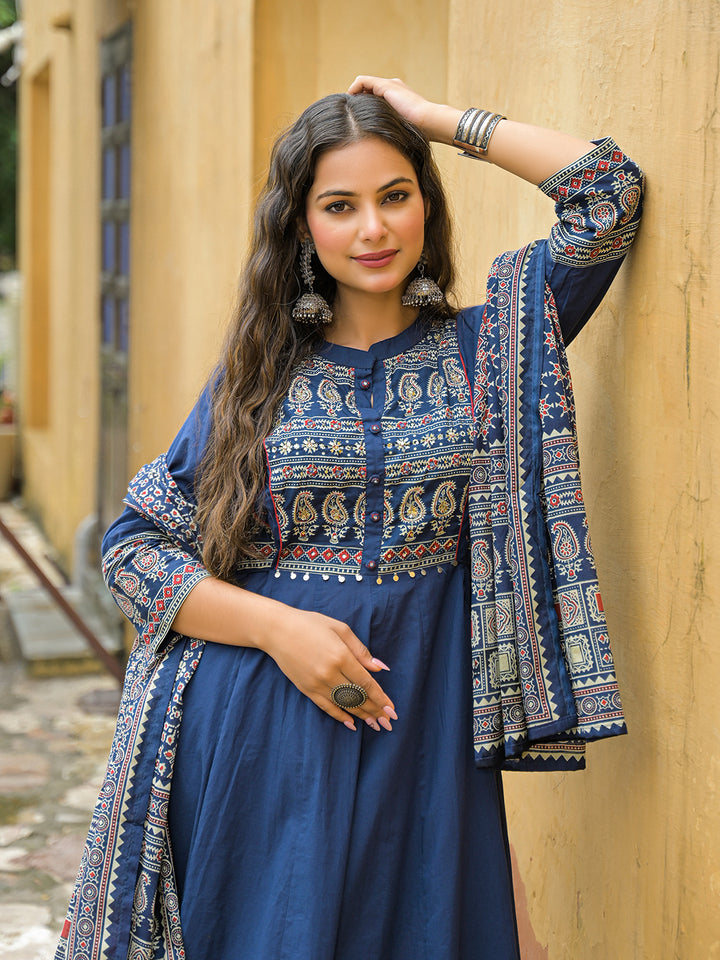 Divena Blue Paisley Print Cotton Anarkali Kurta Pant Set With Dupatta