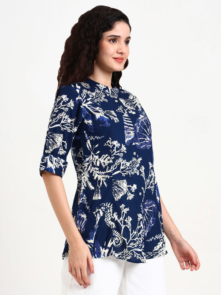 Divena Blue Printed Rayon Top