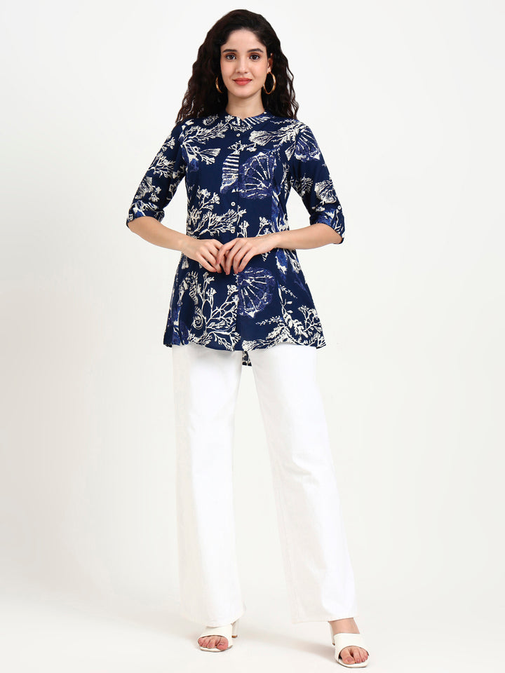 Divena Blue Printed Rayon Top