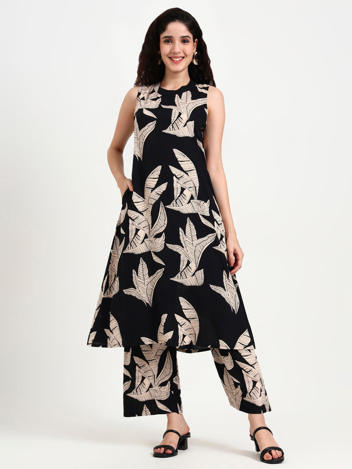 Divena Black Floral Printed Rayon Kurta Pant Sets