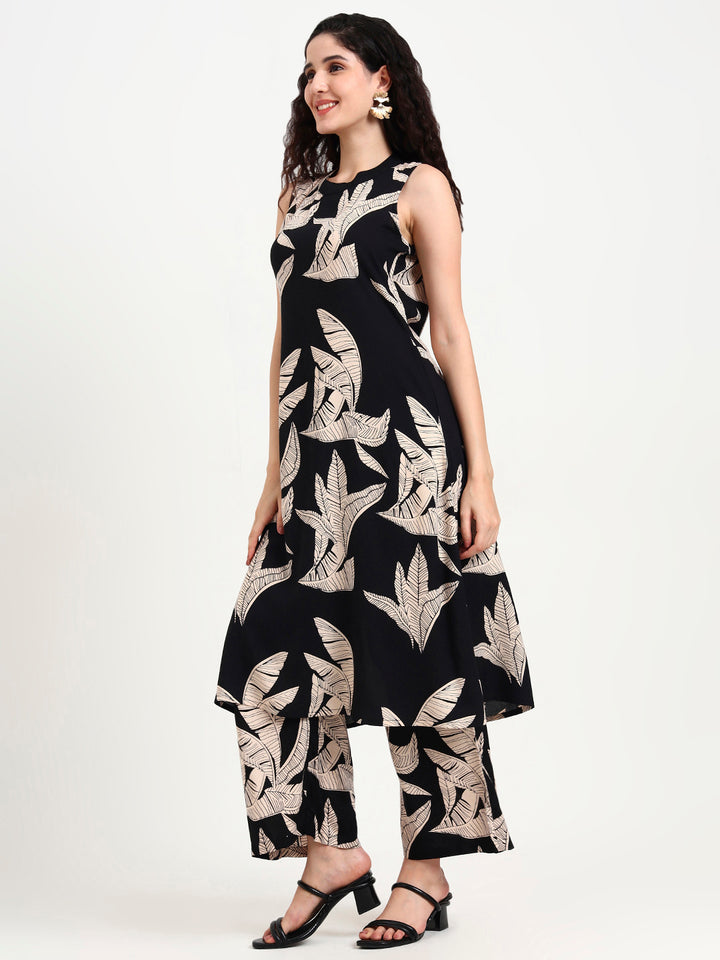 Divena Black Floral Printed Rayon Kurta Pant Sets