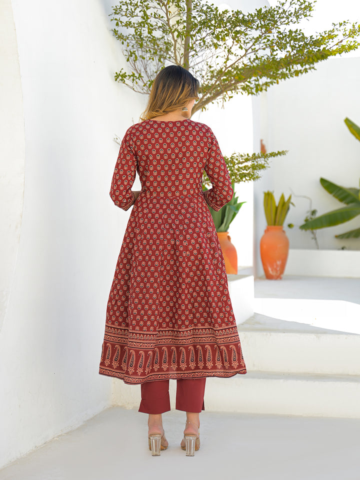 Divena Maroon V-Neck Anarkali Floral Cotton Kurta Pant Set With Dupatta