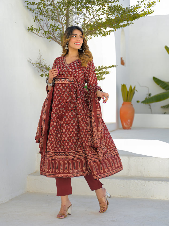 Divena Maroon V-Neck Anarkali Floral Cotton Kurta Pant Set With Dupatta