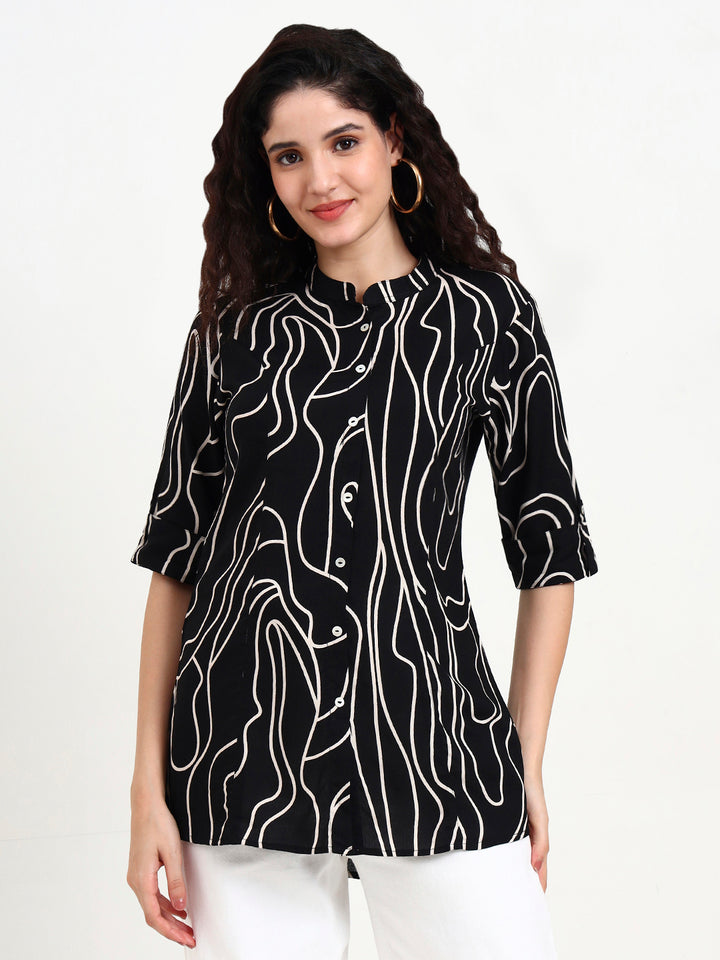 Divena Black Abstract Printed Rayon Top