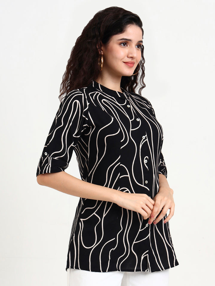 Divena Black Abstract Printed Rayon Top