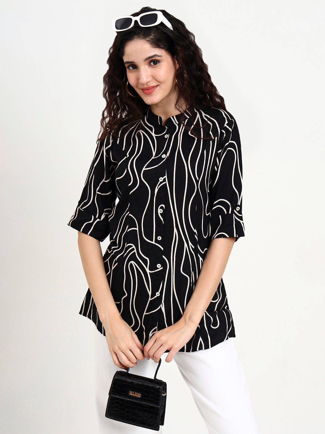 Divena Black Abstract Printed Rayon Top