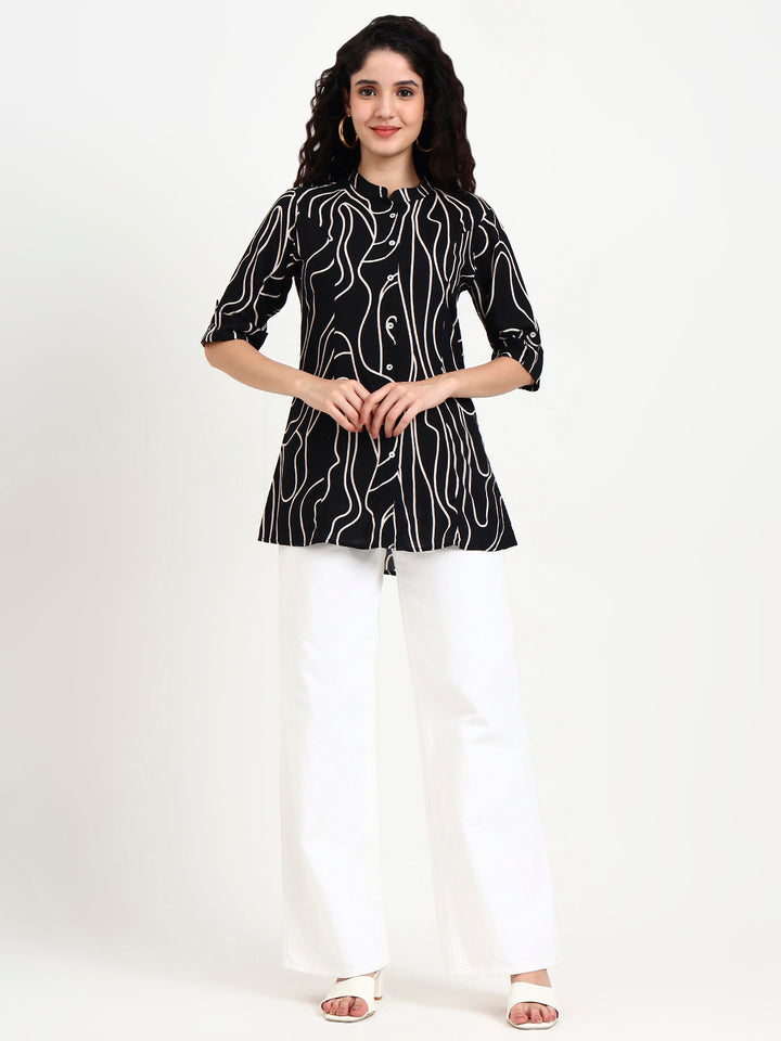 Divena Black Abstract Printed Rayon Top