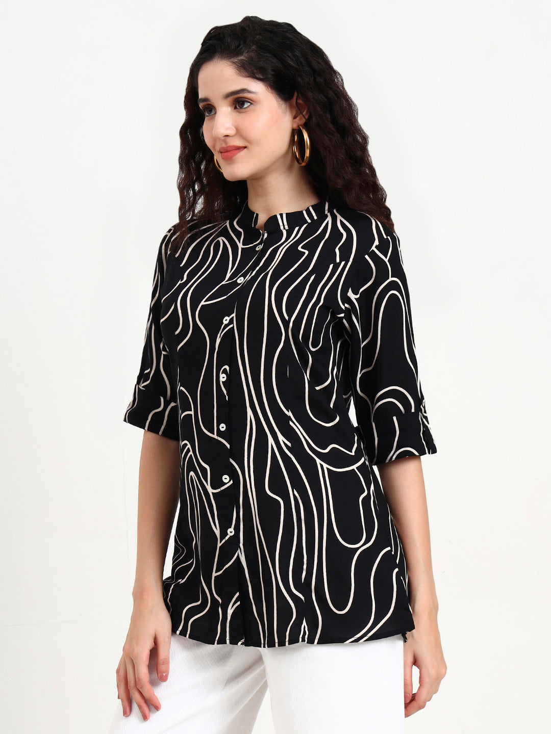 Divena Black Abstract Printed Rayon Top