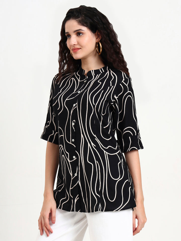Divena Black Abstract Printed Rayon Top